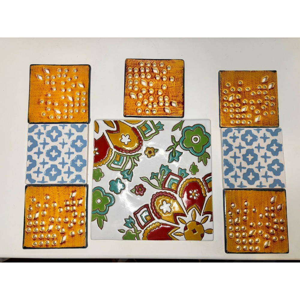 Boho Ceramic Coaster & Trivet Set Floral Geometric Tile Decor 7 Piece Set